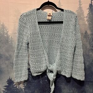 Faded Glory Cardigan Sweater Medium 8/10 Blue & Silver Crochet Y2K Tie Boho